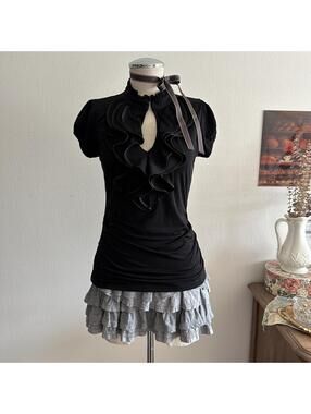 Black ruffle cap sleeve fitted blouse